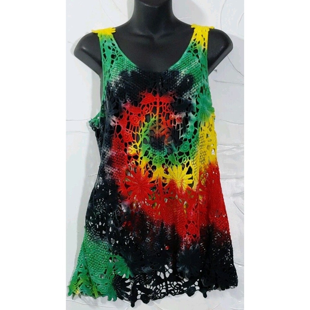 Women's M Bohemian Hippie Crocheted Multicolored Sleeveless Floral Tank Top Cami